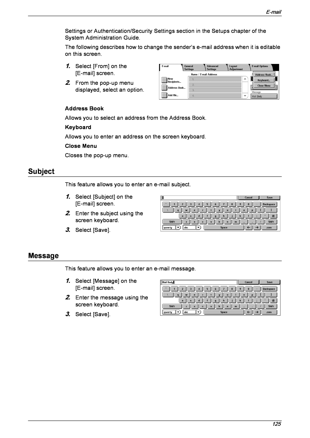 Xerox 5230 manual Address Book, Keyboard, Close Menu, Subject, Message 