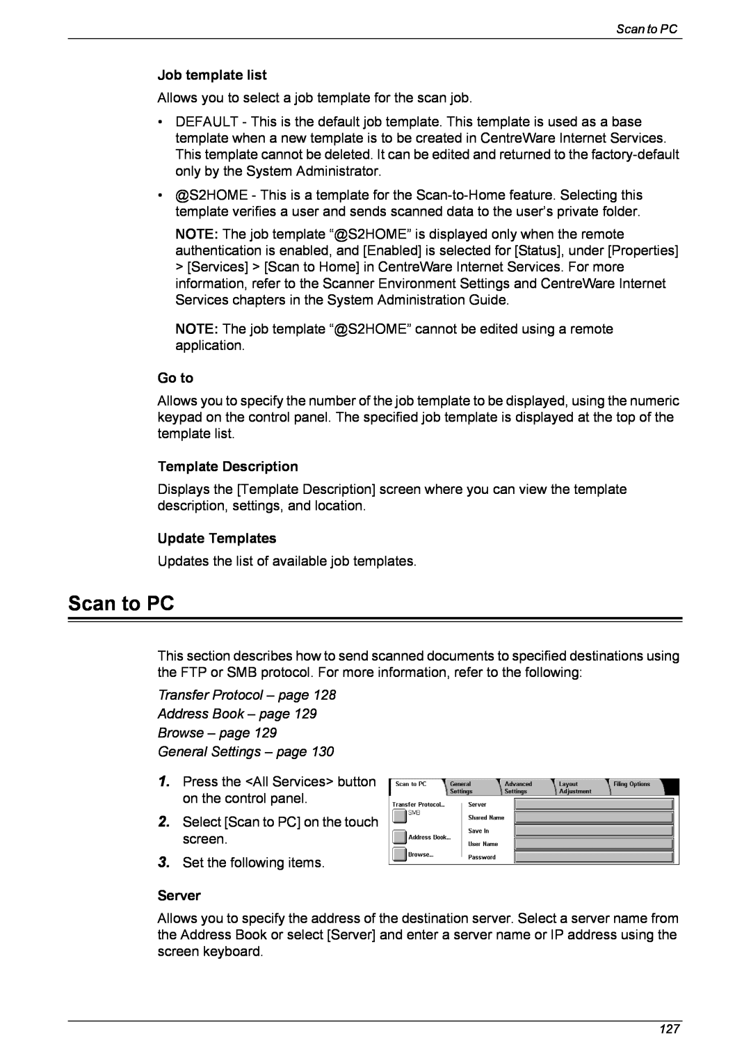 Xerox 5230 Scan to PC, Job template list, Template Description, Update Templates, Browse – page General Settings – page 