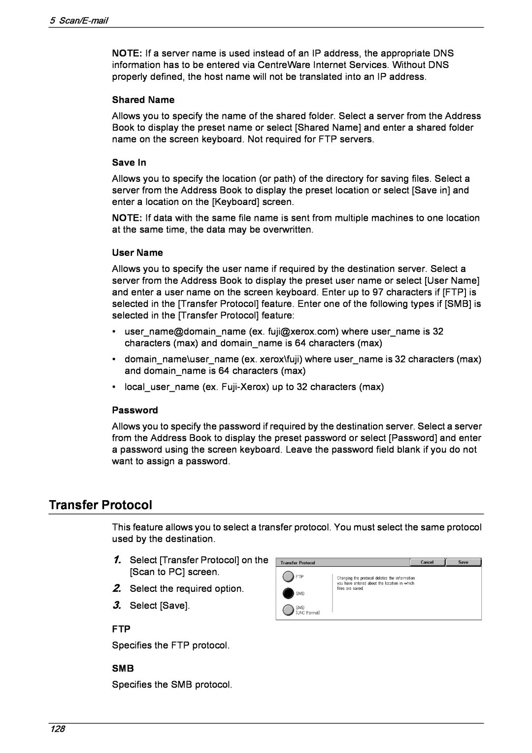 Xerox 5230 manual Transfer Protocol, Shared Name, Save In, User Name, Password 