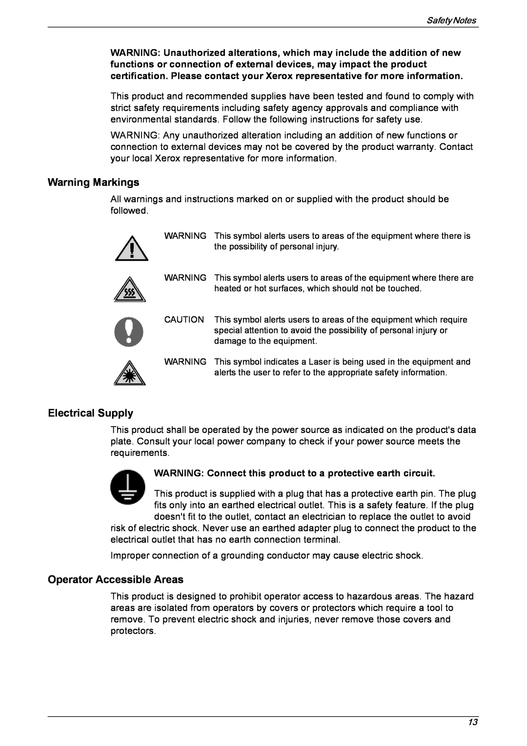 Xerox 5230 manual Warning Markings, Electrical Supply, Operator Accessible Areas 