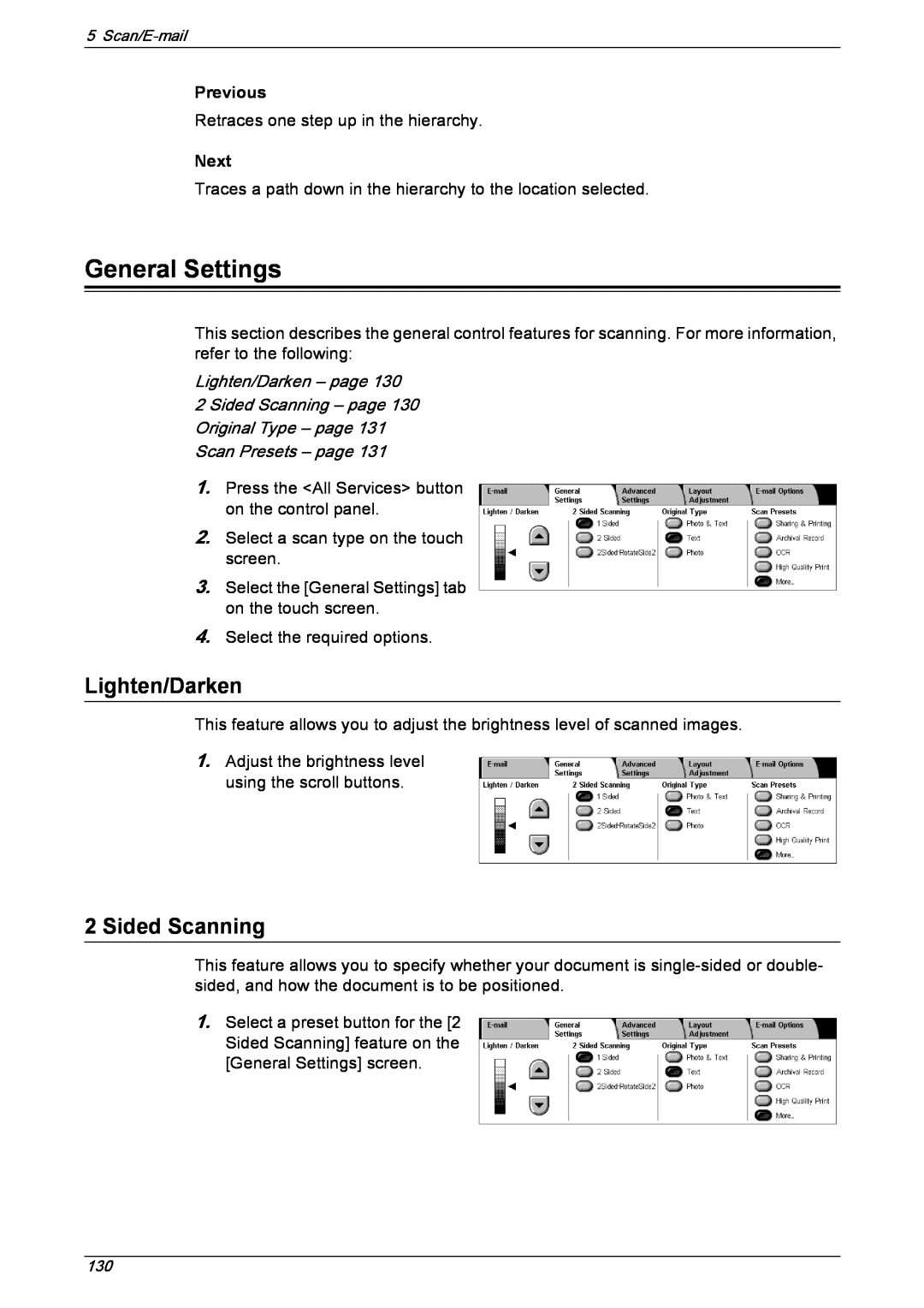 Xerox 5230 manual General Settings, Previous, Next, Sided Scanning, Lighten/Darken – page 