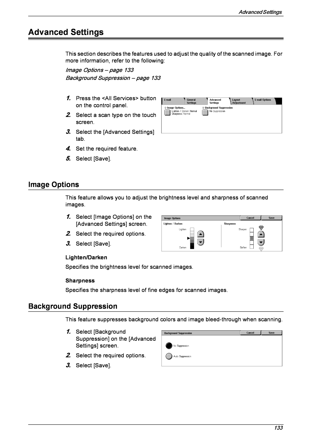 Xerox 5230 manual Advanced Settings, Image Options – page, Background Suppression – page, Lighten/Darken, Sharpness 