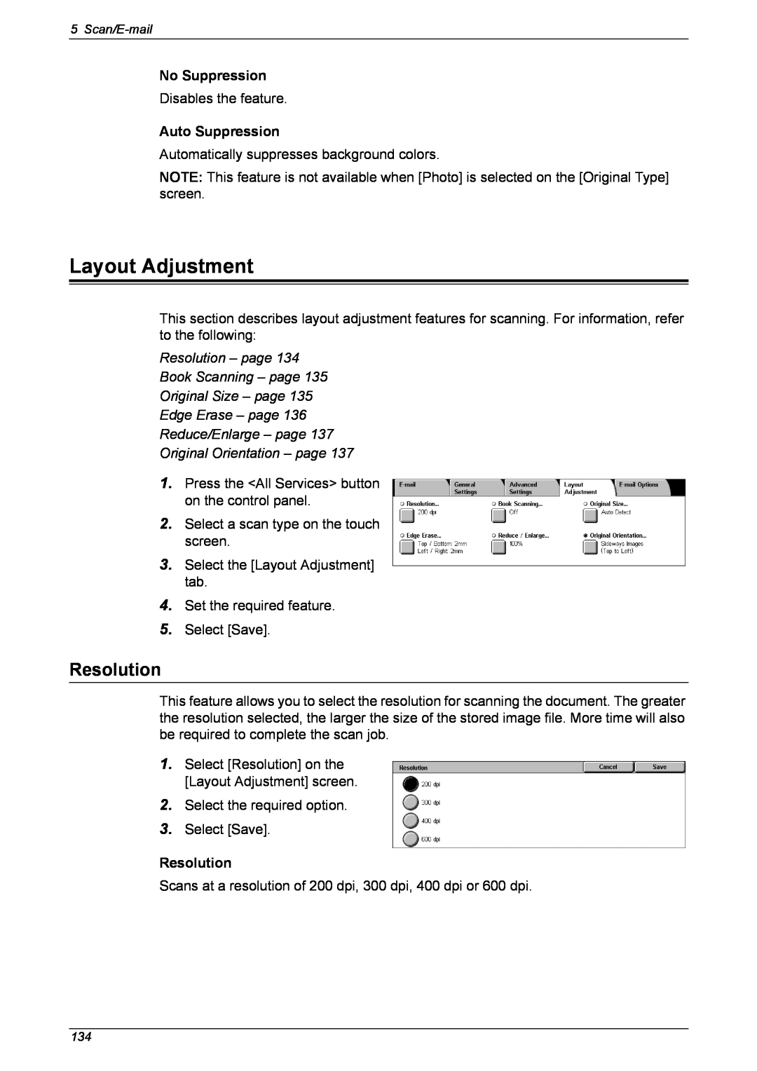 Xerox 5230 manual Resolution – page Book Scanning – page, Original Size – page Edge Erase – page, Layout Adjustment 