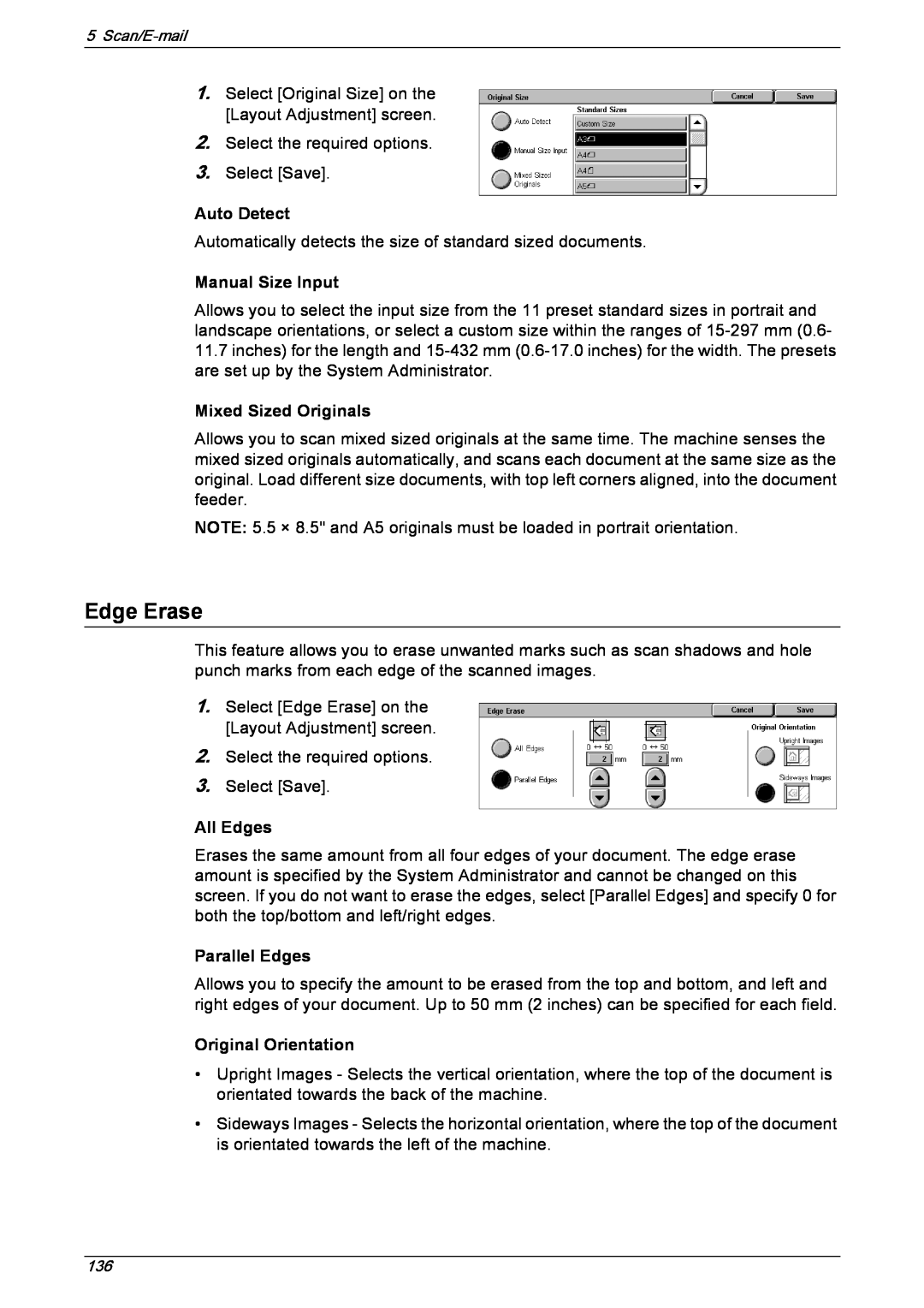 Xerox 5230 manual Original Orientation, Edge Erase, Auto Detect, Manual Size Input, Mixed Sized Originals, All Edges 