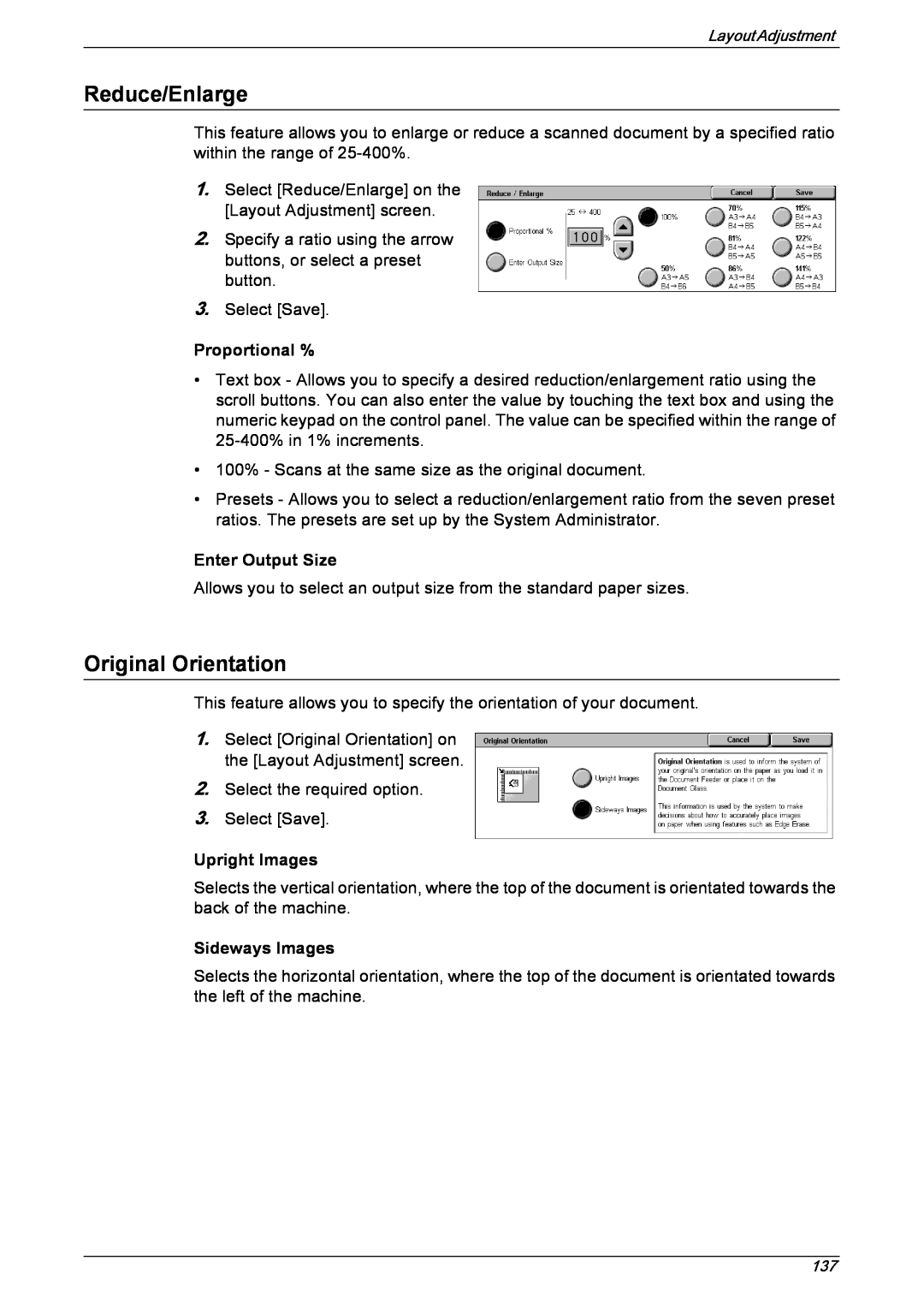 Xerox 5230 manual Reduce/Enlarge, Original Orientation, Proportional %, Enter Output Size, Upright Images, Sideways Images 