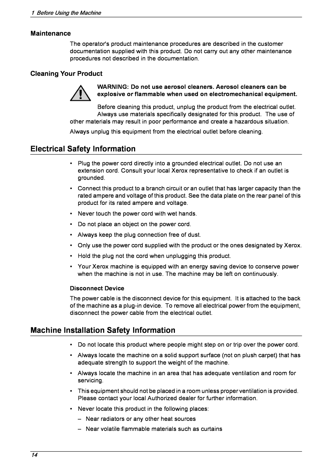 Xerox 5230 Electrical Safety Information, Machine Installation Safety Information, Maintenance, Cleaning Your Product 