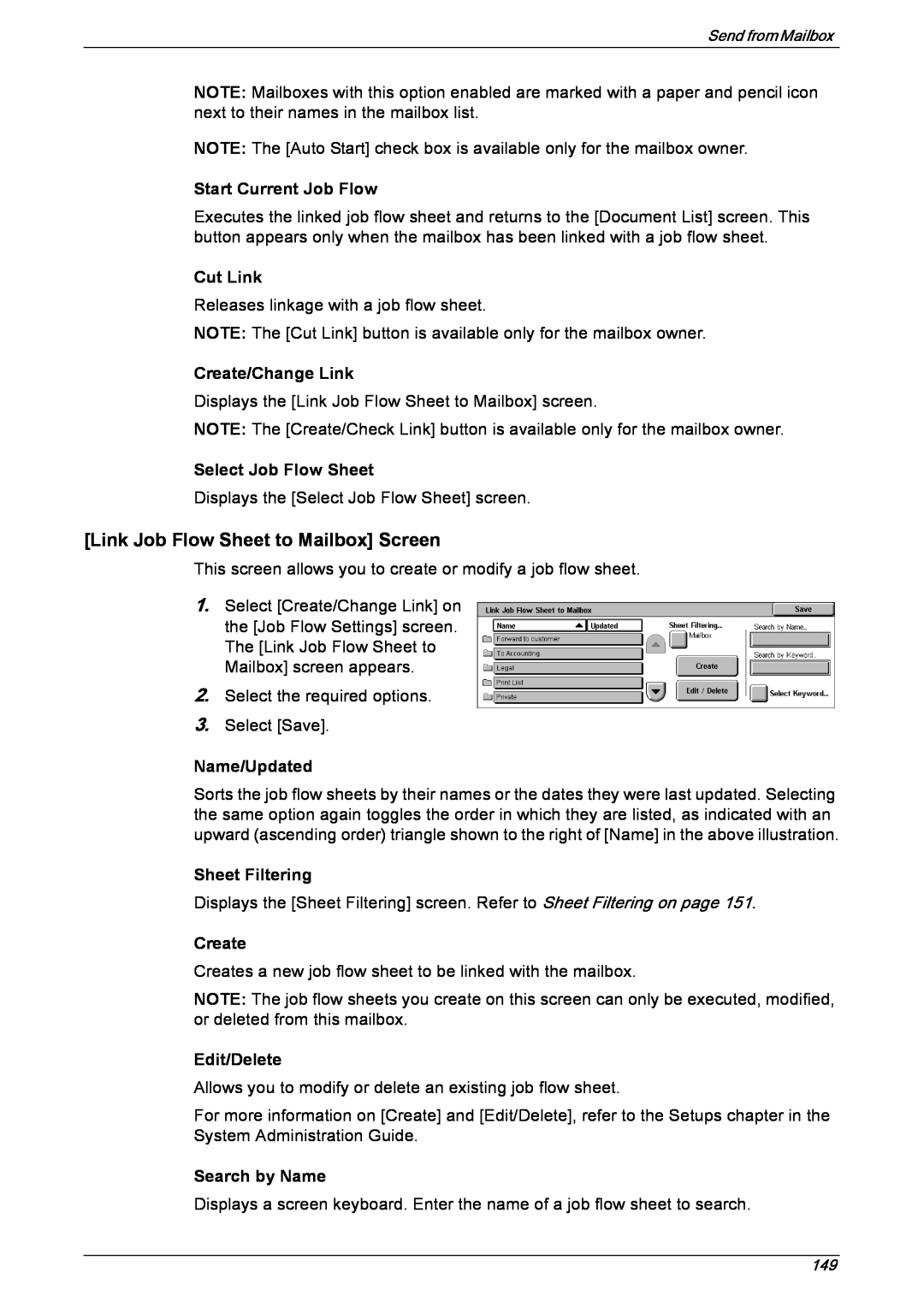 Xerox 5230 manual Link Job Flow Sheet to Mailbox Screen, Start Current Job Flow, Cut Link, Create/Change Link, Name/Updated 
