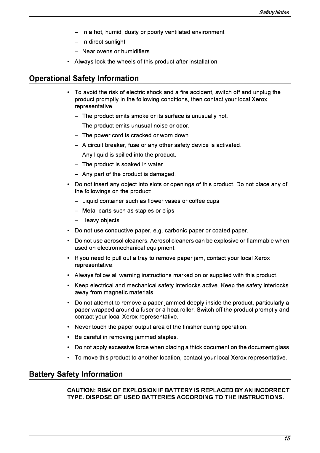 Xerox 5230 manual Operational Safety Information, Battery Safety Information 