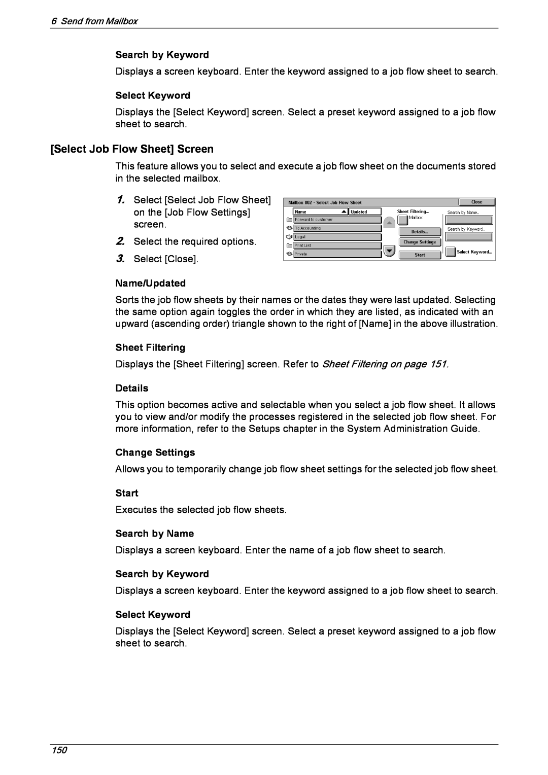 Xerox 5230 Select Job Flow Sheet Screen, Search by Keyword, Select Keyword, Name/Updated, Sheet Filtering, Details, Start 