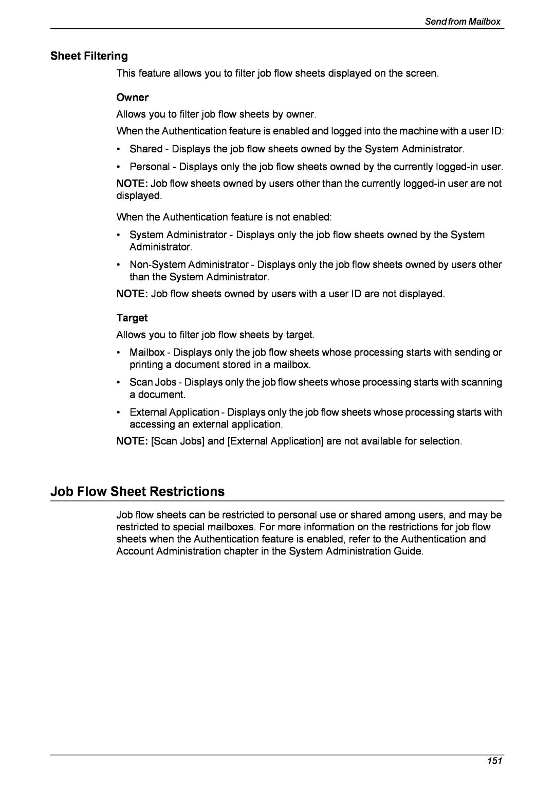 Xerox 5230 manual Job Flow Sheet Restrictions, Sheet Filtering, Owner, Target 