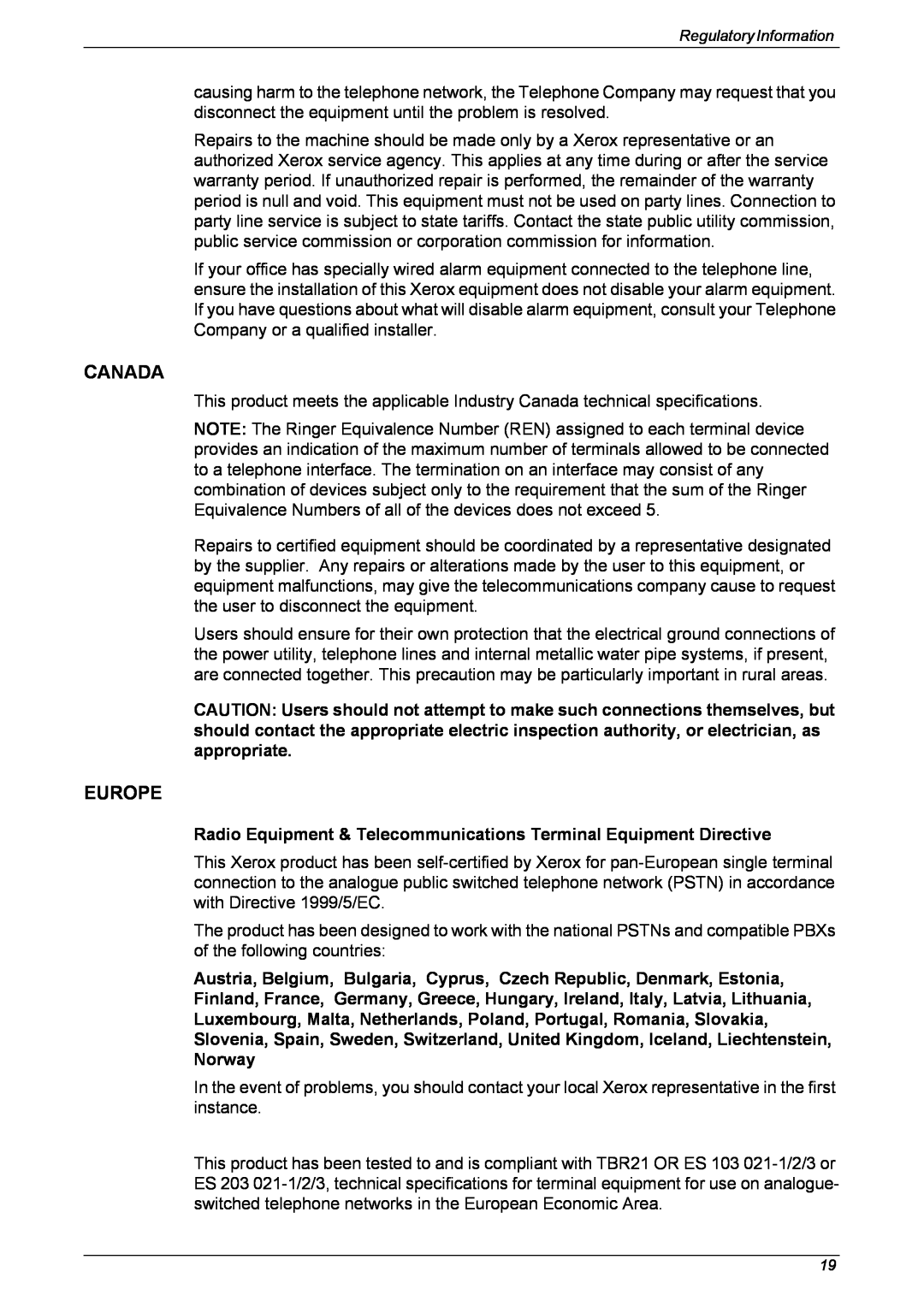 Xerox 5230 manual Canada, Europe, Regulatory Information 