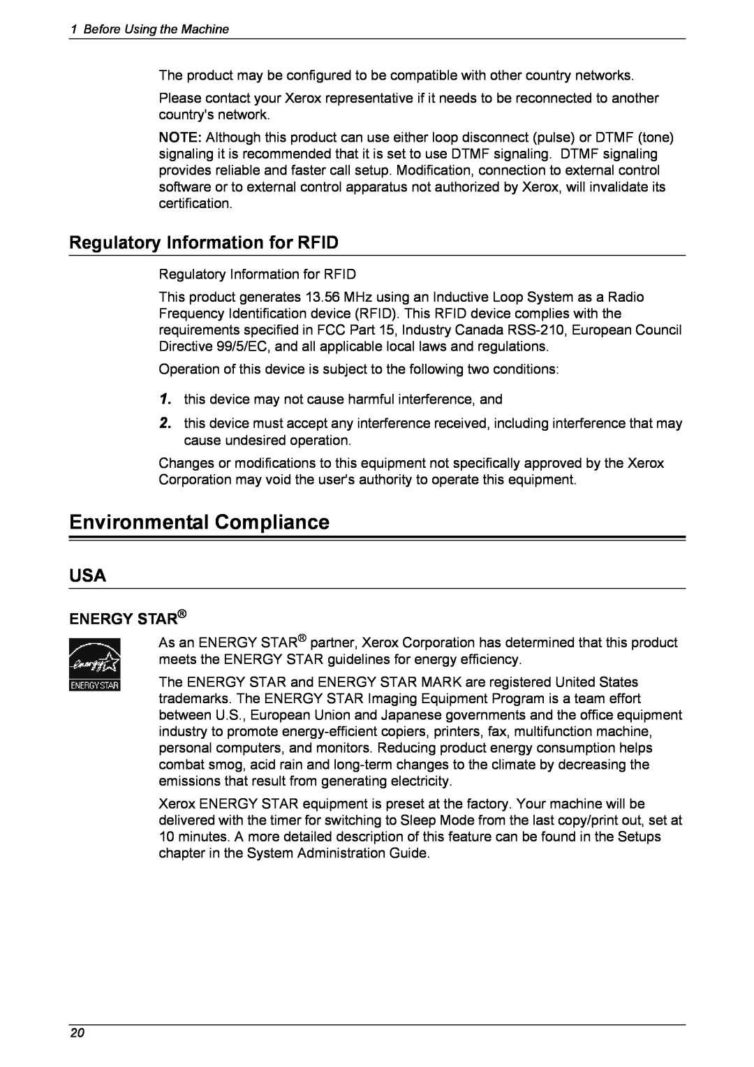 Xerox 5230 manual Environmental Compliance, Regulatory Information for RFID, Energy Star 
