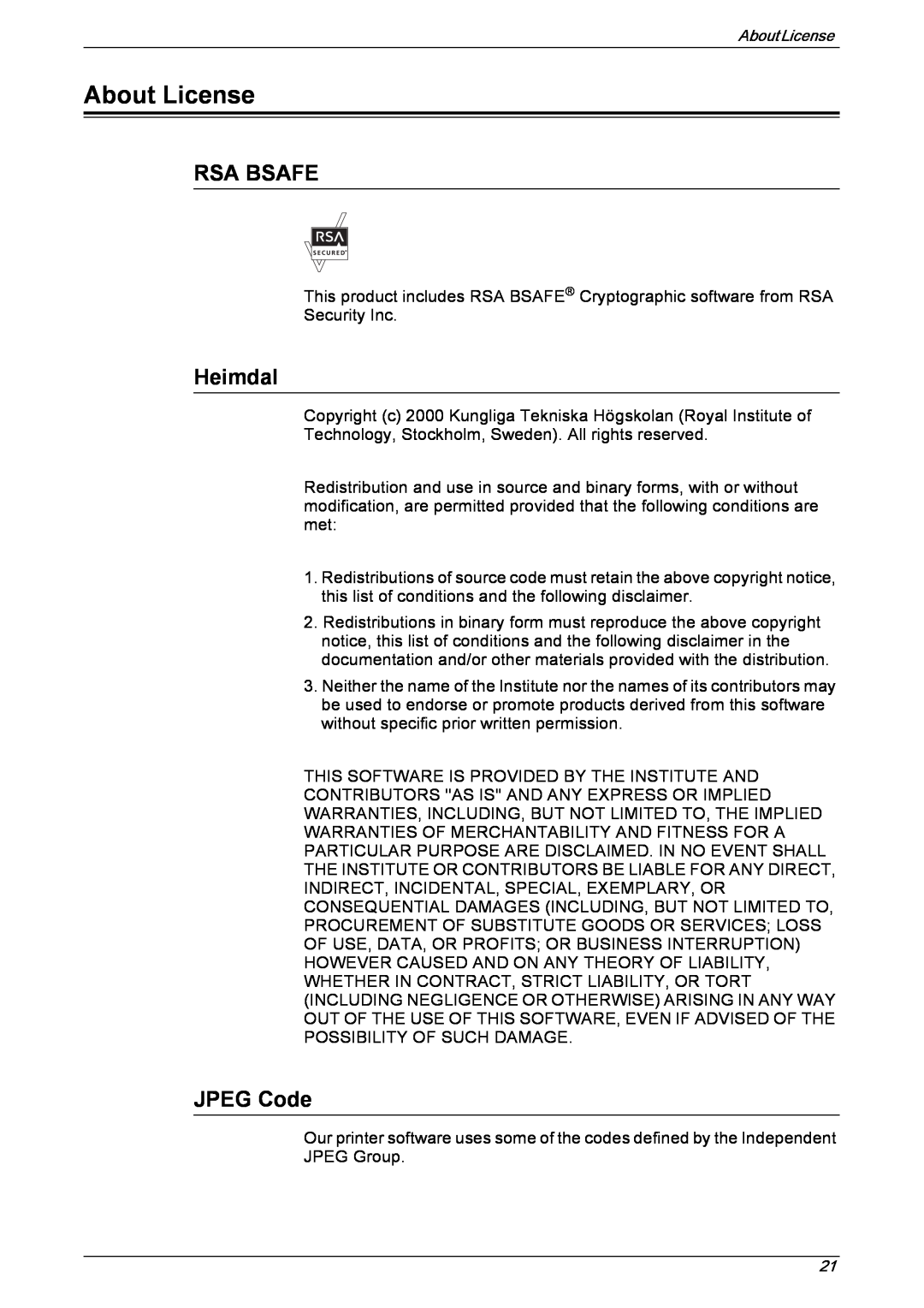 Xerox 5230 manual About License, Rsa Bsafe, Heimdal, JPEG Code 