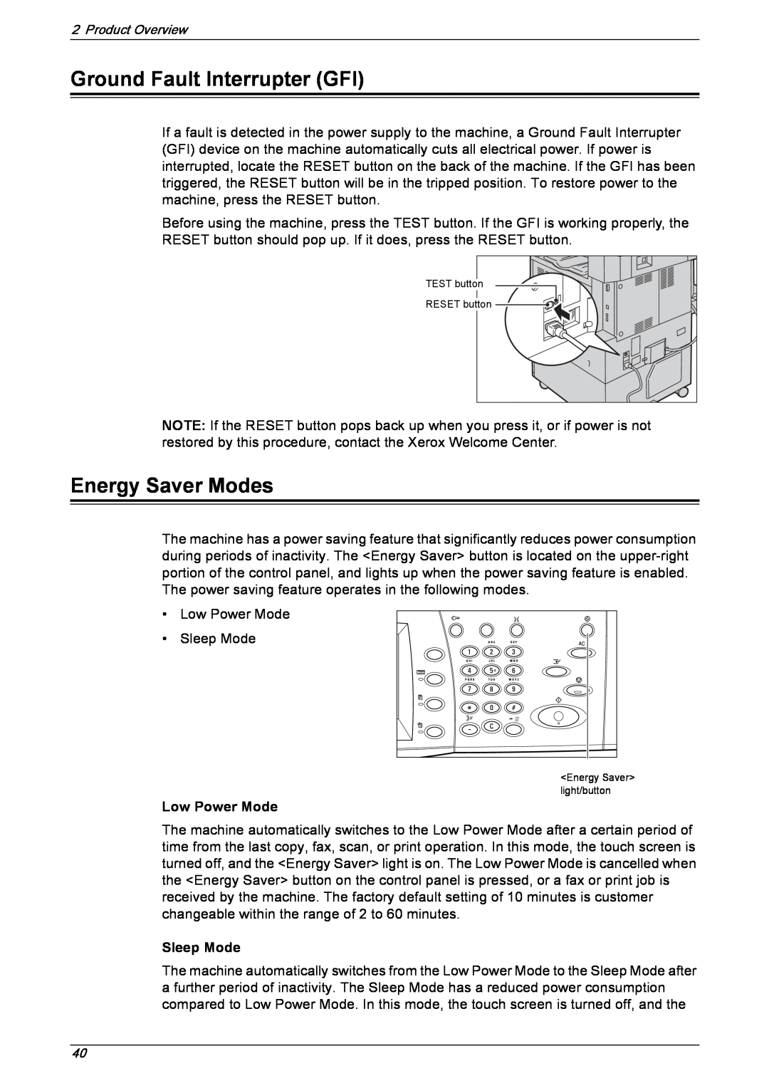 Xerox 5230 manual Ground Fault Interrupter GFI, Energy Saver Modes, Low Power Mode, Sleep Mode 