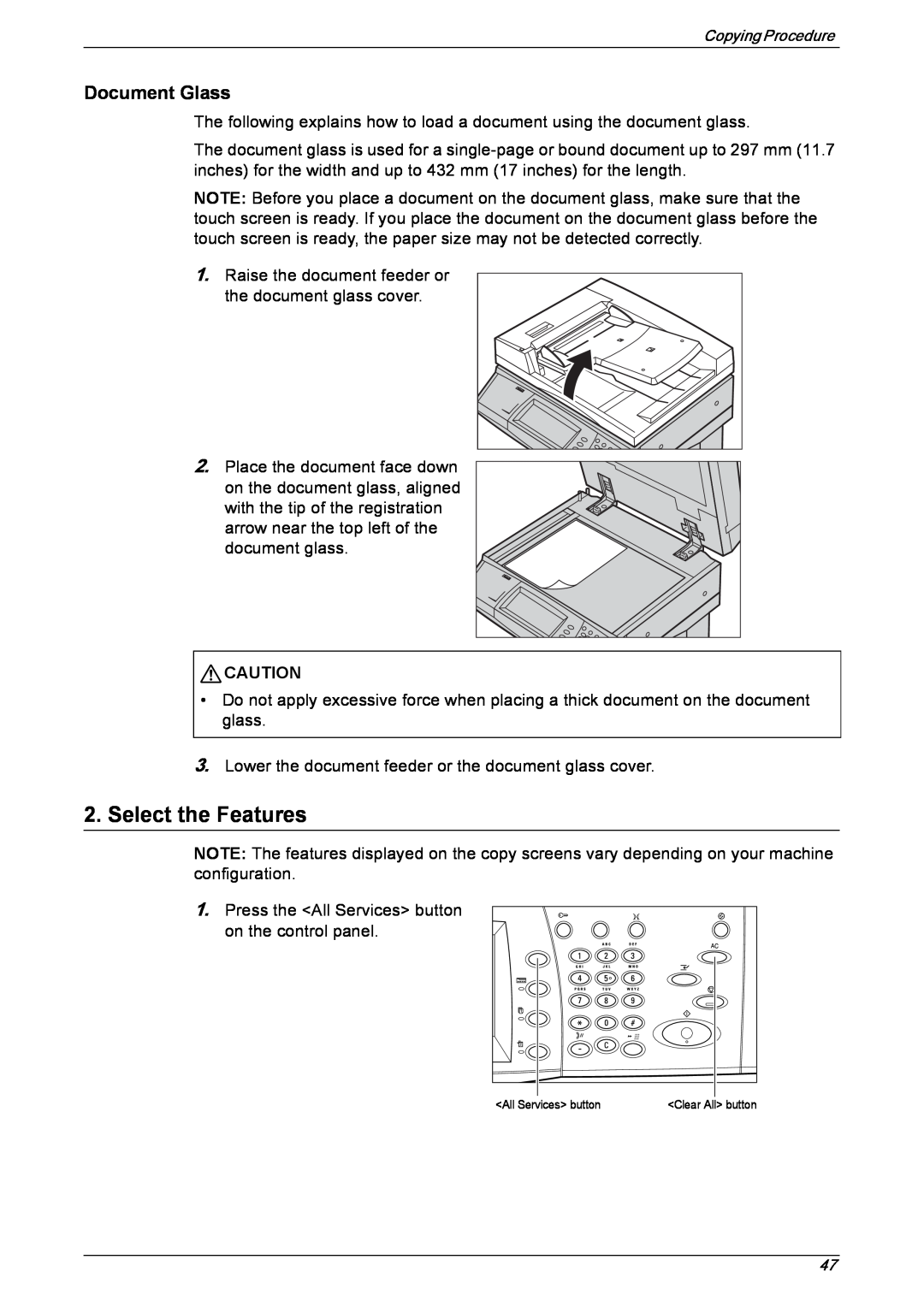 Xerox 5230 manual Select the Features, Document Glass 
