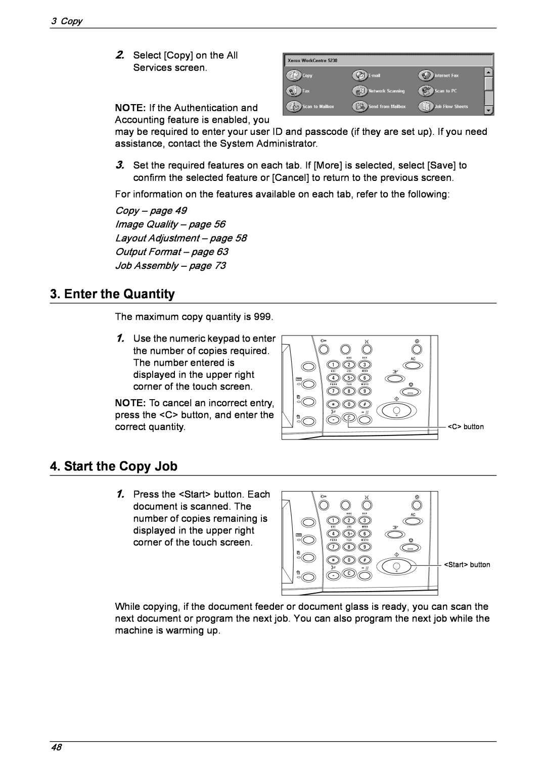 Xerox 5230 manual Enter the Quantity, Start the Copy Job, Copy – page Image Quality – page, Job Assembly - page 