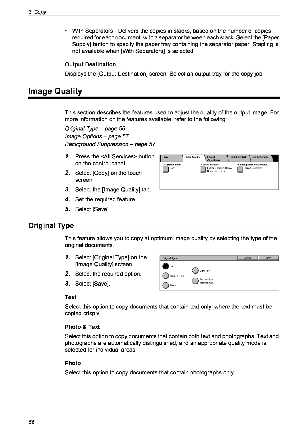 Xerox 5230 Image Quality, Output Destination, Original Type – page Image Options – page, Background Suppression – page 