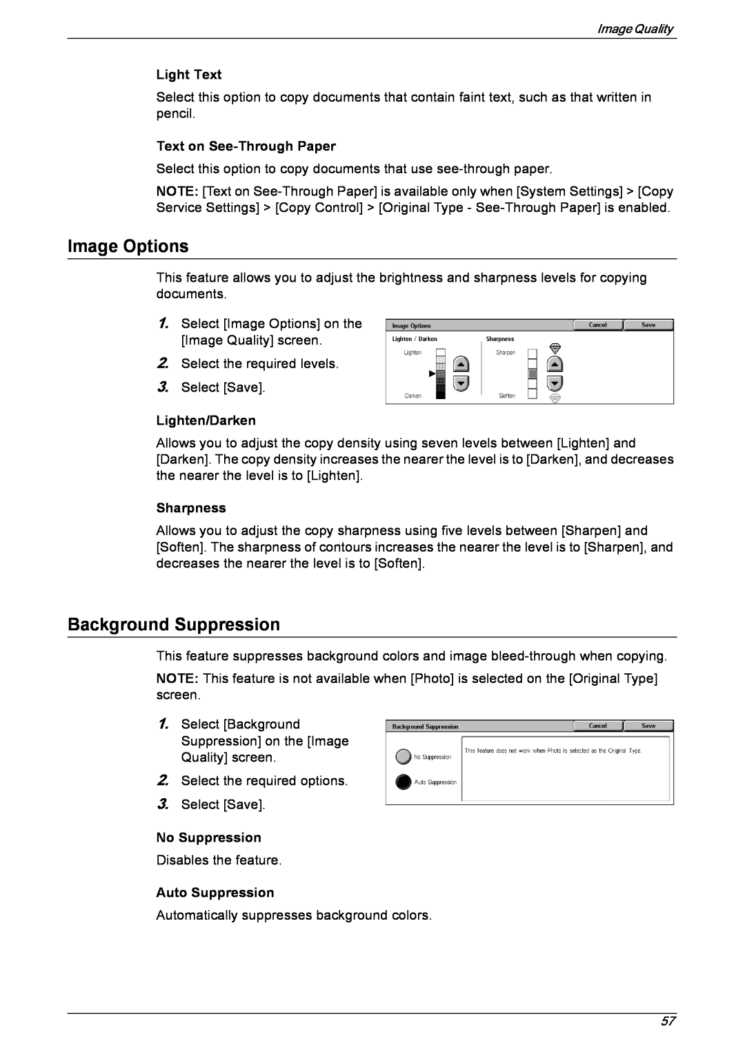 Xerox 5230 manual Image Options, Background Suppression, Light Text, Text on See-ThroughPaper, Lighten/Darken, Sharpness 