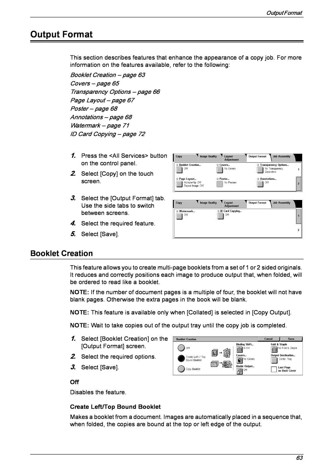 Xerox 5230 manual Output Format, Booklet Creation – page Covers – page, Transparency Options – page Page Layout – page 