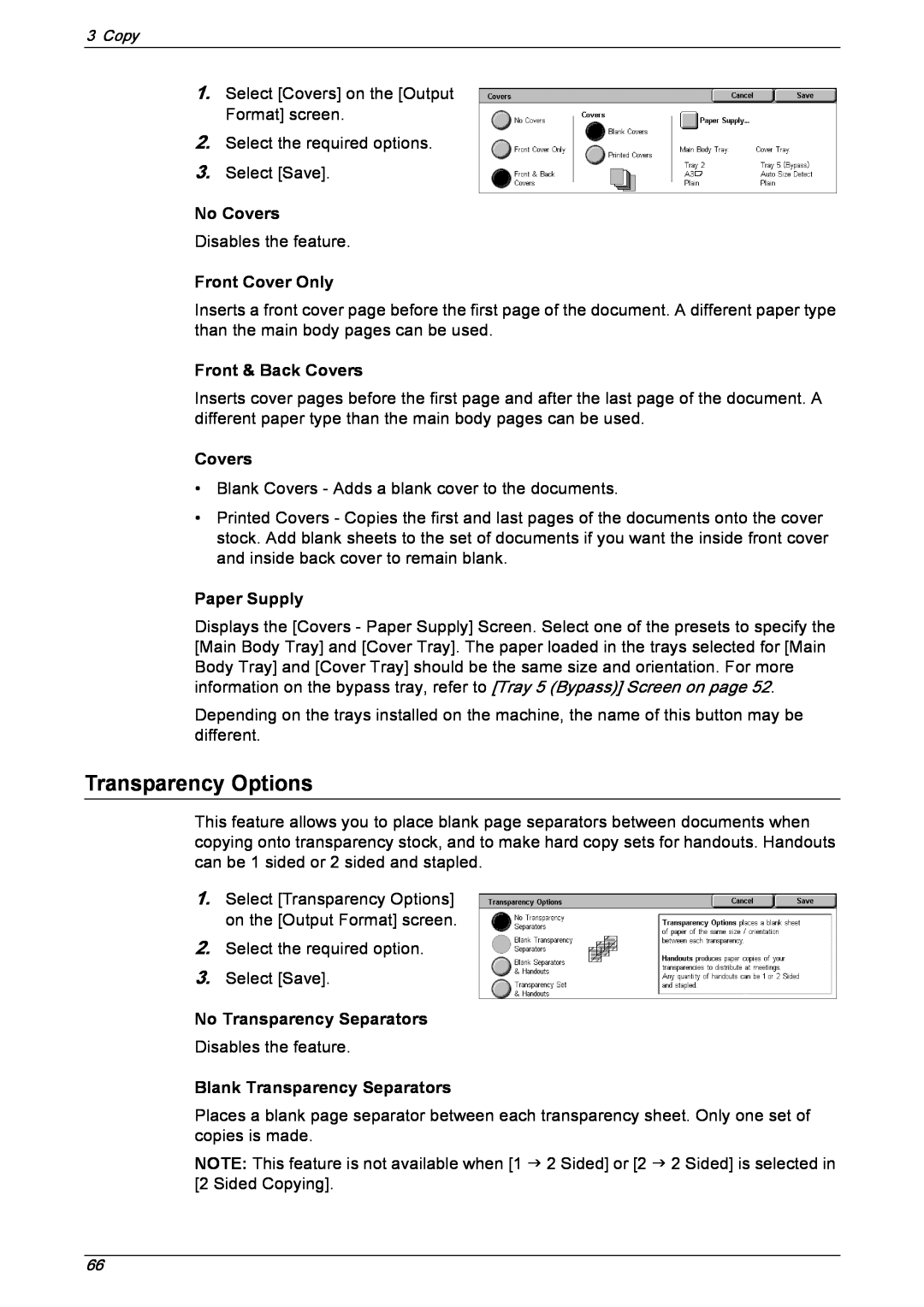 Xerox 5230 manual Transparency Options, No Covers, Front Cover Only, Front & Back Covers, No Transparency Separators 