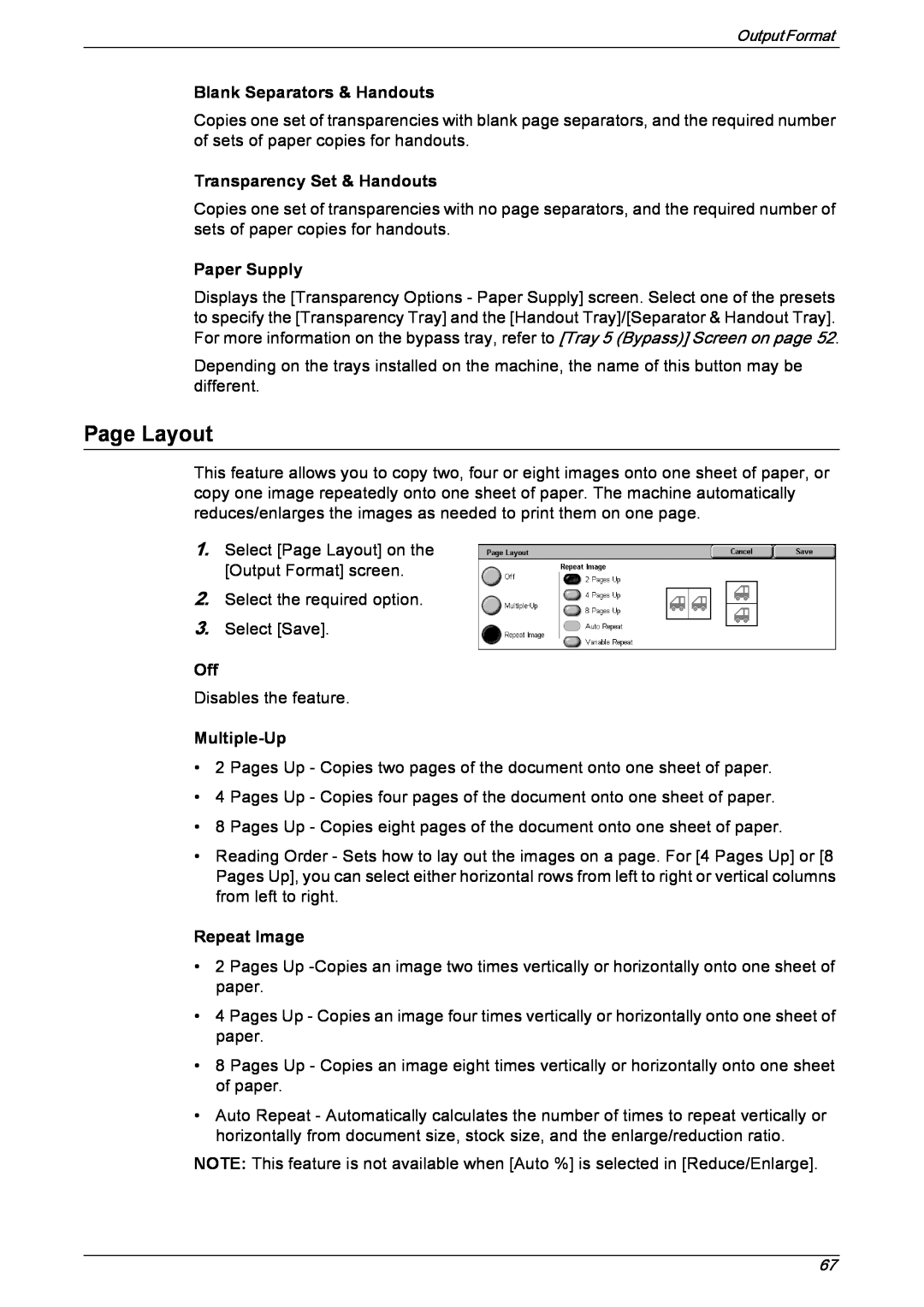 Xerox 5230 Page Layout, Blank Separators & Handouts, Transparency Set & Handouts, Multiple-Up, Repeat Image, Paper Supply 