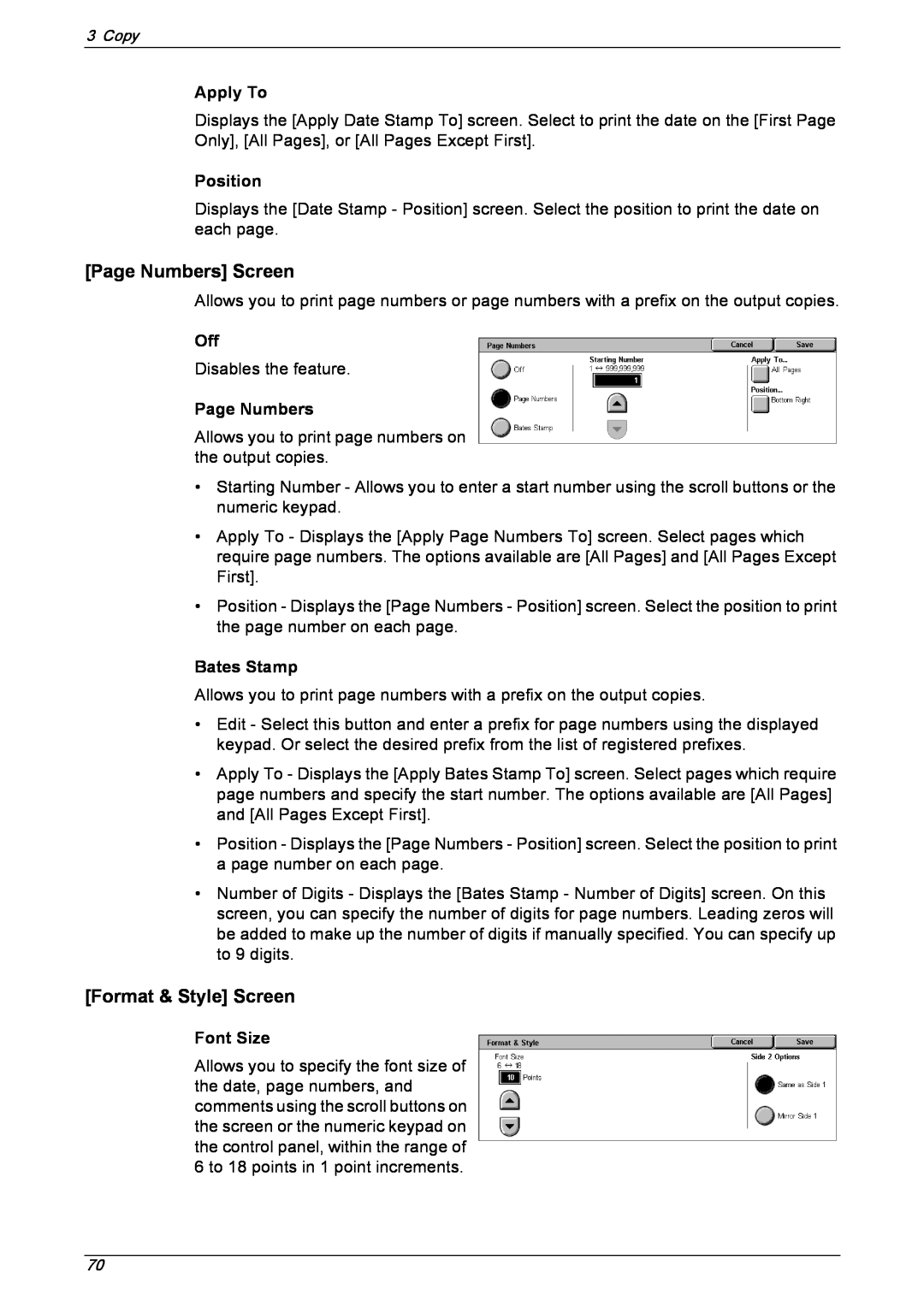Xerox 5230 manual Page Numbers Screen, Format & Style Screen, Bates Stamp, Font Size, Apply To, Position 