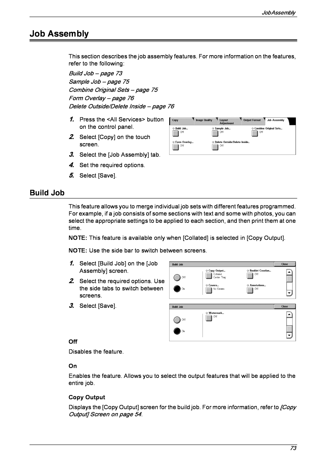 Xerox 5230 manual Job Assembly, Build Job – page Sample Job – page, Combine Original Sets – page Form Overlay – page 