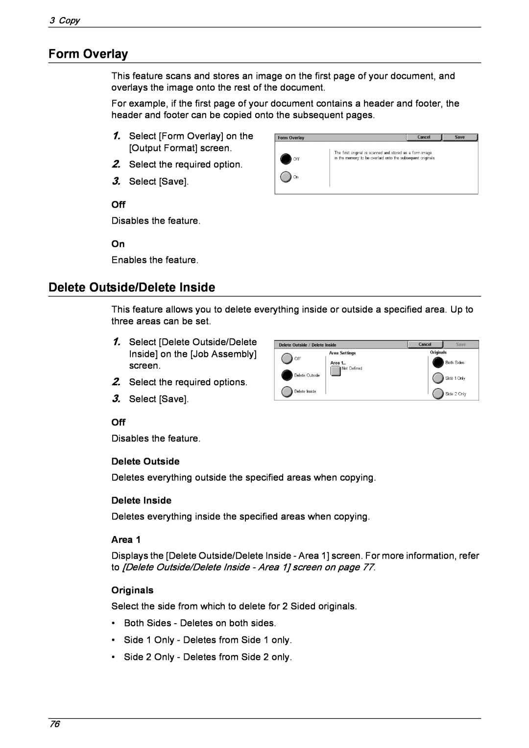 Xerox 5230 manual Form Overlay, Delete Outside/Delete Inside, Area, Originals 