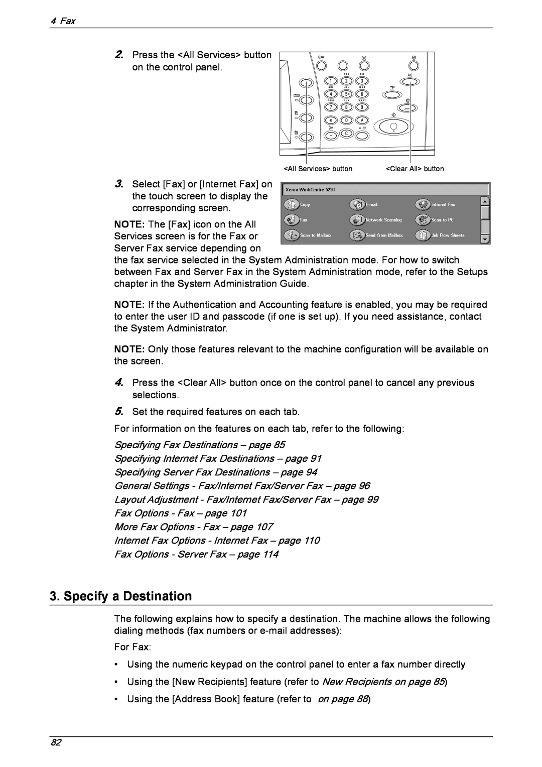 Xerox 5230 manual Specify a Destination, Specifying Fax Destinations – page, Specifying Internet Fax Destinations – page 