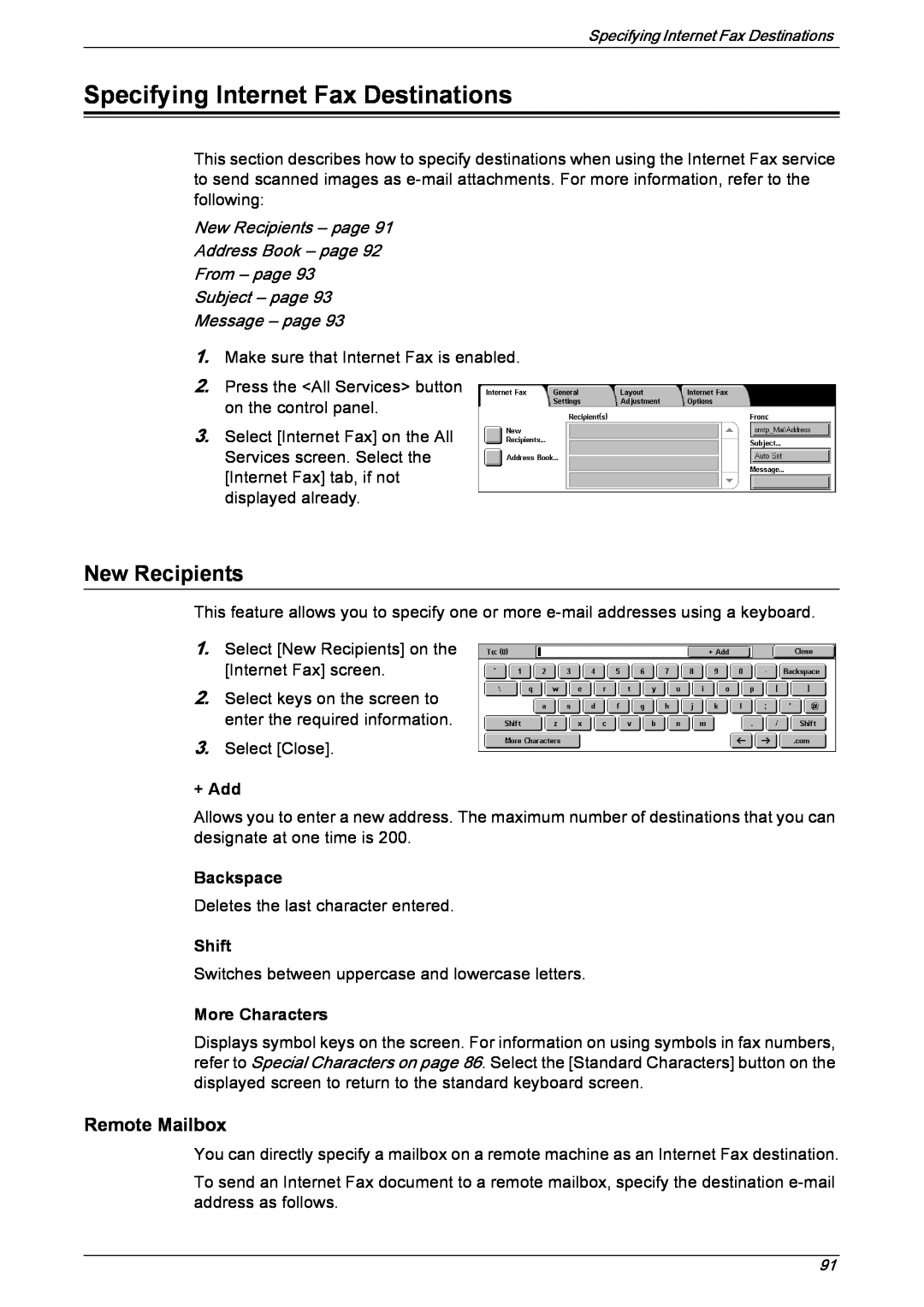 Xerox 5230 Specifying Internet Fax Destinations, Remote Mailbox, From – page Subject – page Message – page, New Recipients 
