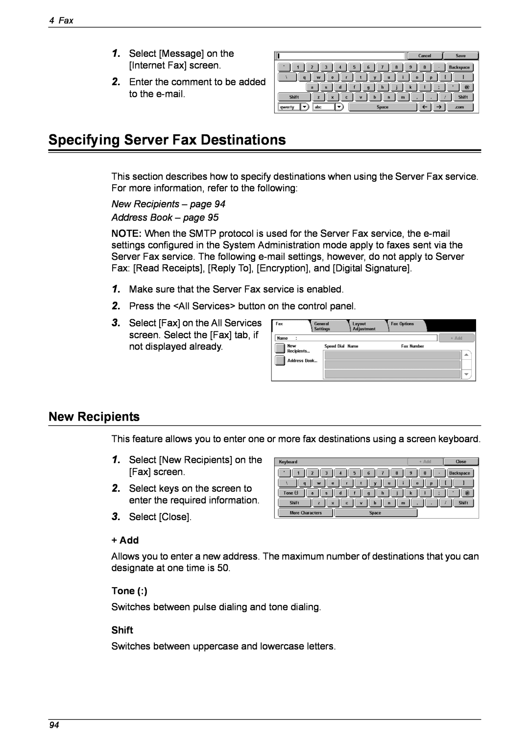 Xerox 5230 manual Specifying Server Fax Destinations, New Recipients – page Address Book – page, + Add, Tone, Shift 