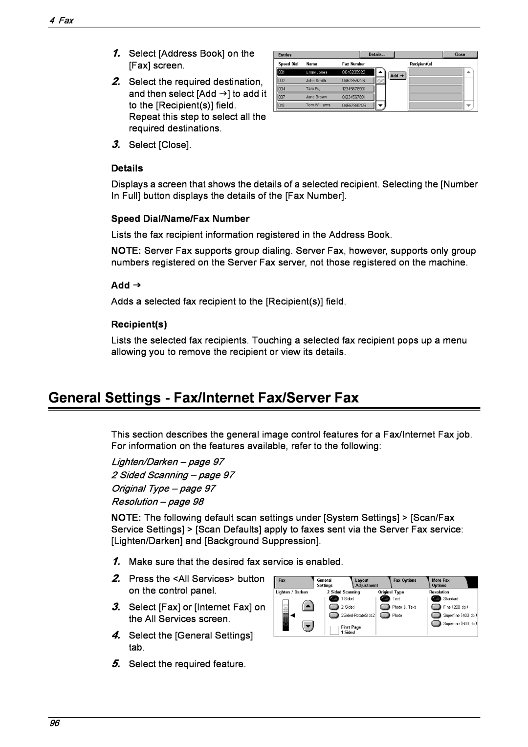Xerox 5230 General Settings - Fax/Internet Fax/Server Fax, Lighten/Darken – page, Details, Speed Dial/Name/Fax Number 