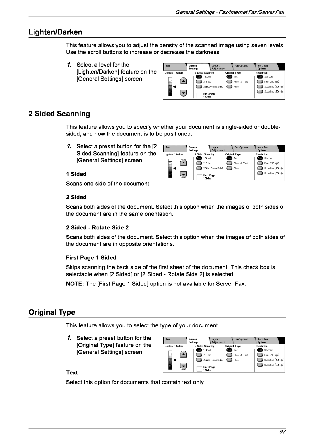 Xerox 5230 manual Lighten/Darken, Sided Scanning, Sided - Rotate Side, First Page 1 Sided, Original Type, Text 