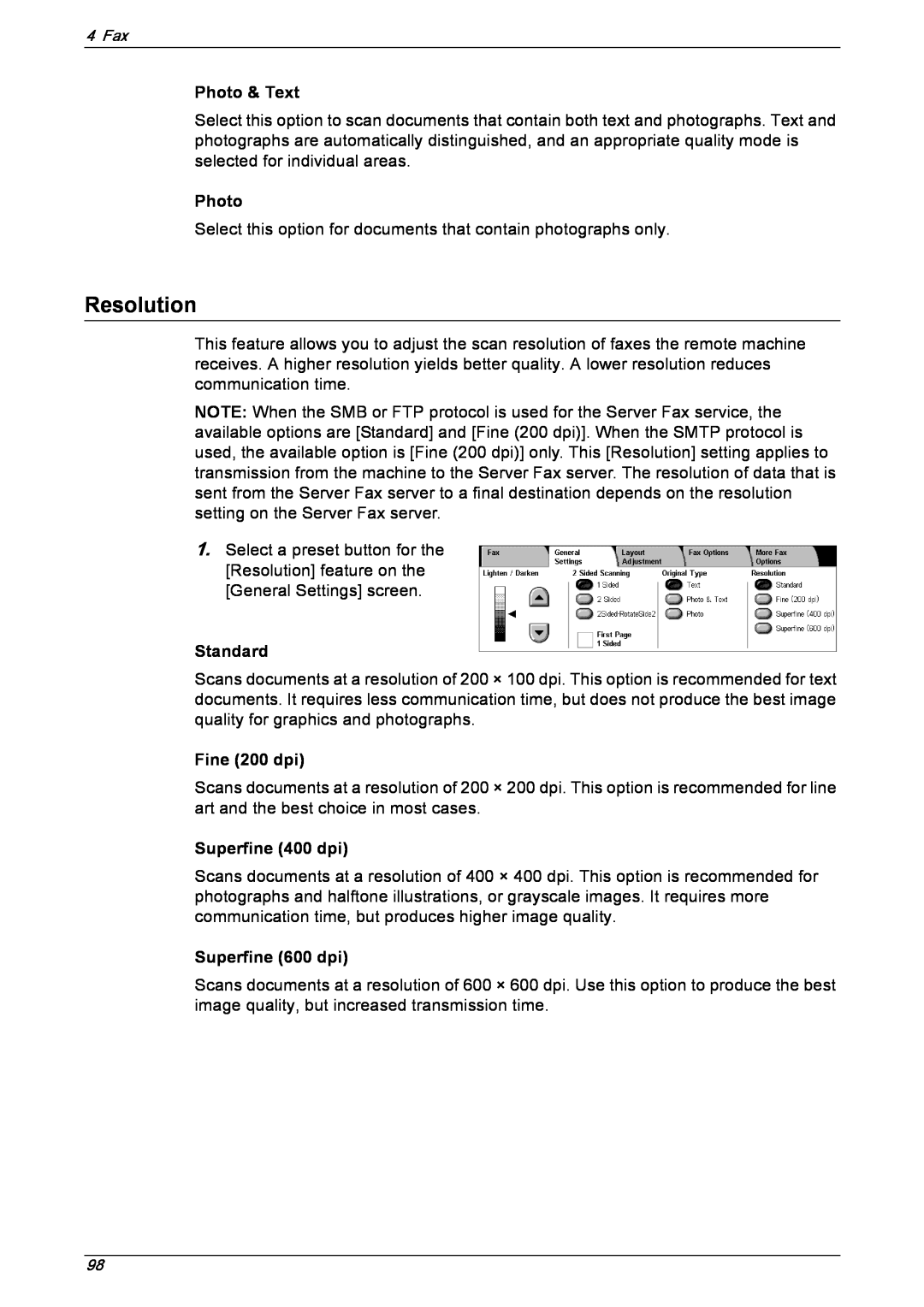 Xerox 5230 manual Resolution, Standard, Fine 200 dpi, Superfine 400 dpi, Superfine 600 dpi, Photo & Text 