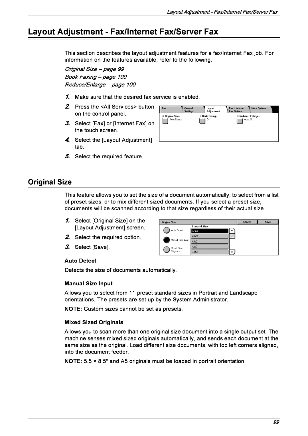 Xerox 5230 Layout Adjustment - Fax/Internet Fax/Server Fax, Original Size – page Book Faxing – page, Reduce/Enlarge – page 