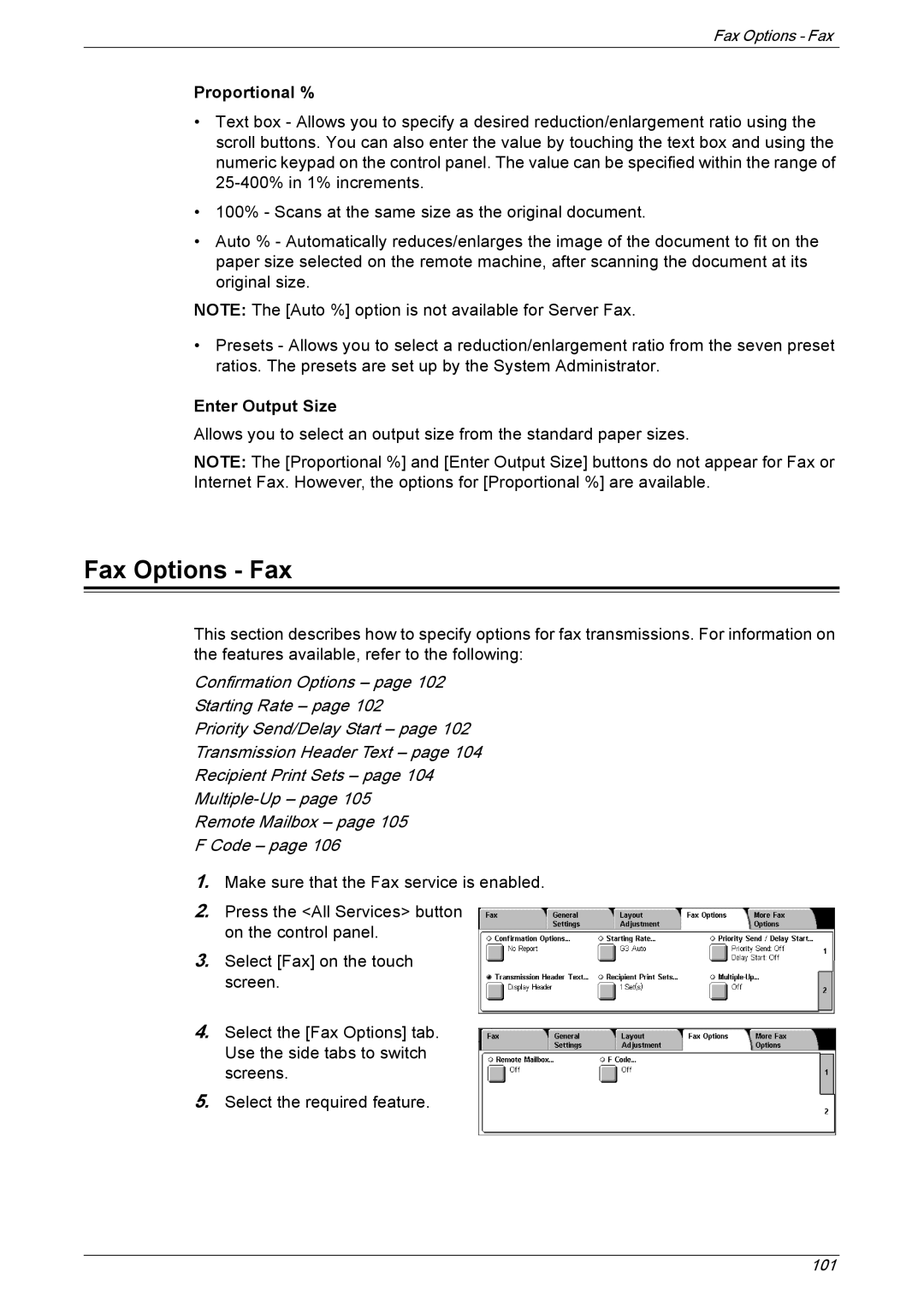 Xerox 5230 manual Fax Options Fax, Enter Output Size 