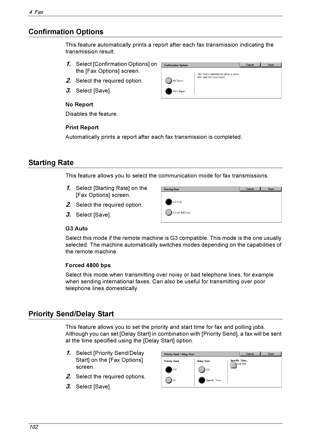 Xerox 5230 manual Confirmation Options, Starting Rate, Priority Send/Delay Start 