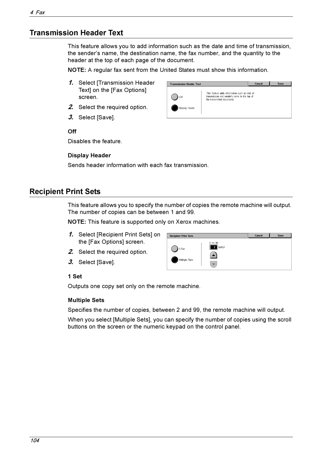 Xerox 5230 manual Transmission Header Text, Recipient Print Sets, Display Header, Multiple Sets 