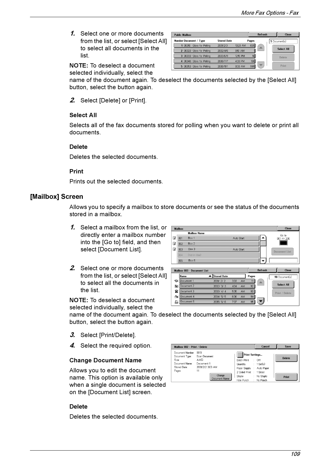 Xerox 5230 manual Mailbox Screen, Select All, Print, Change Document Name 