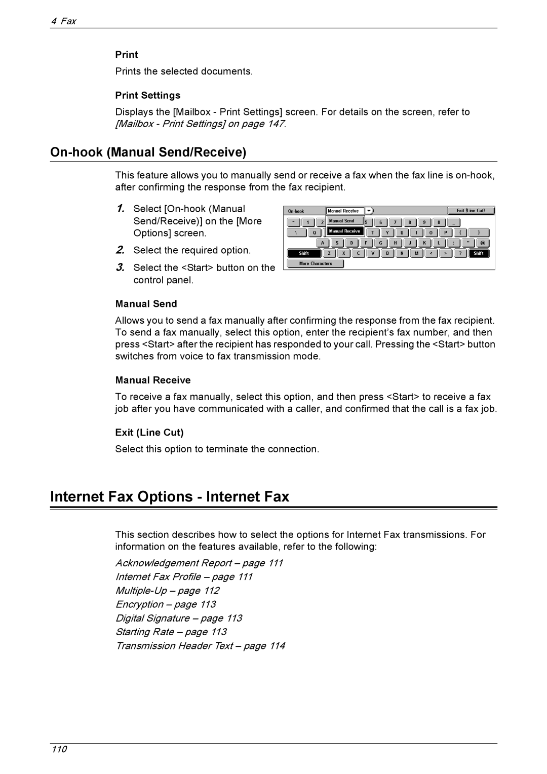 Xerox 5230 manual Internet Fax Options Internet Fax, On-hook Manual Send/Receive 