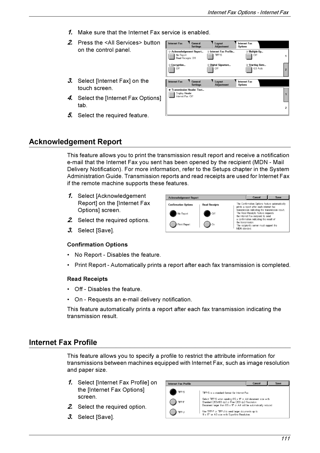 Xerox 5230 manual Acknowledgement Report, Internet Fax Profile, Confirmation Options, Read Receipts 