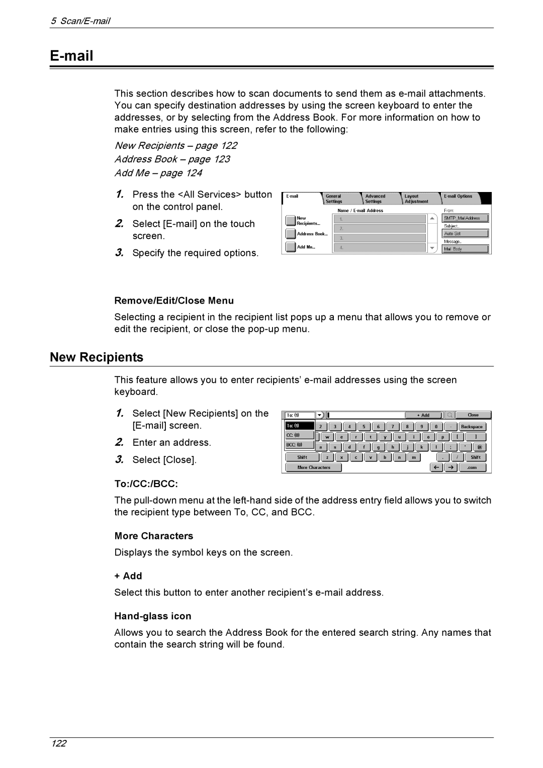 Xerox 5230 manual Mail, Remove/Edit/Close Menu, To/CC/BCC, Hand-glass icon 