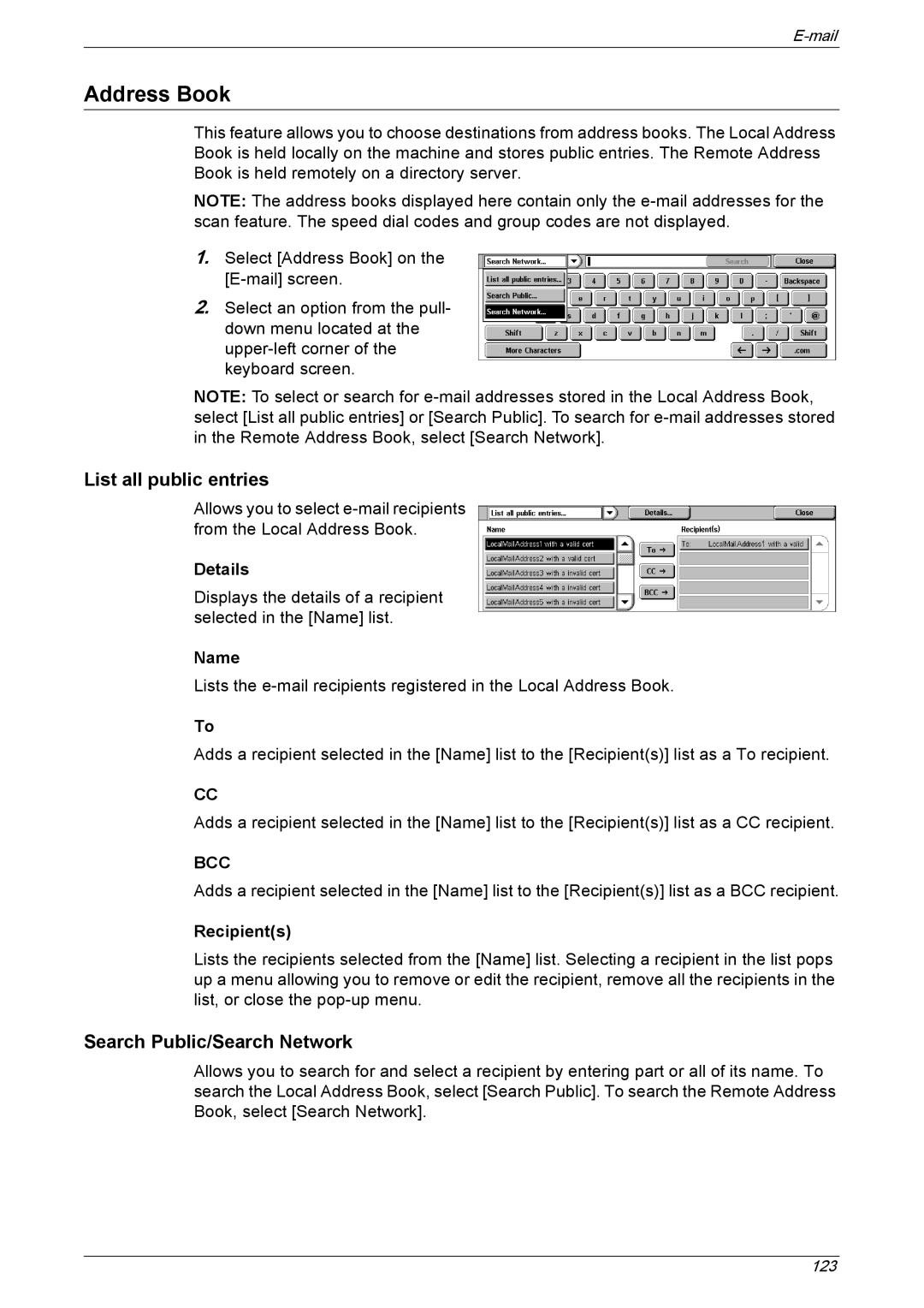 Xerox 5230 manual List all public entries, Search Public/Search Network, Name 