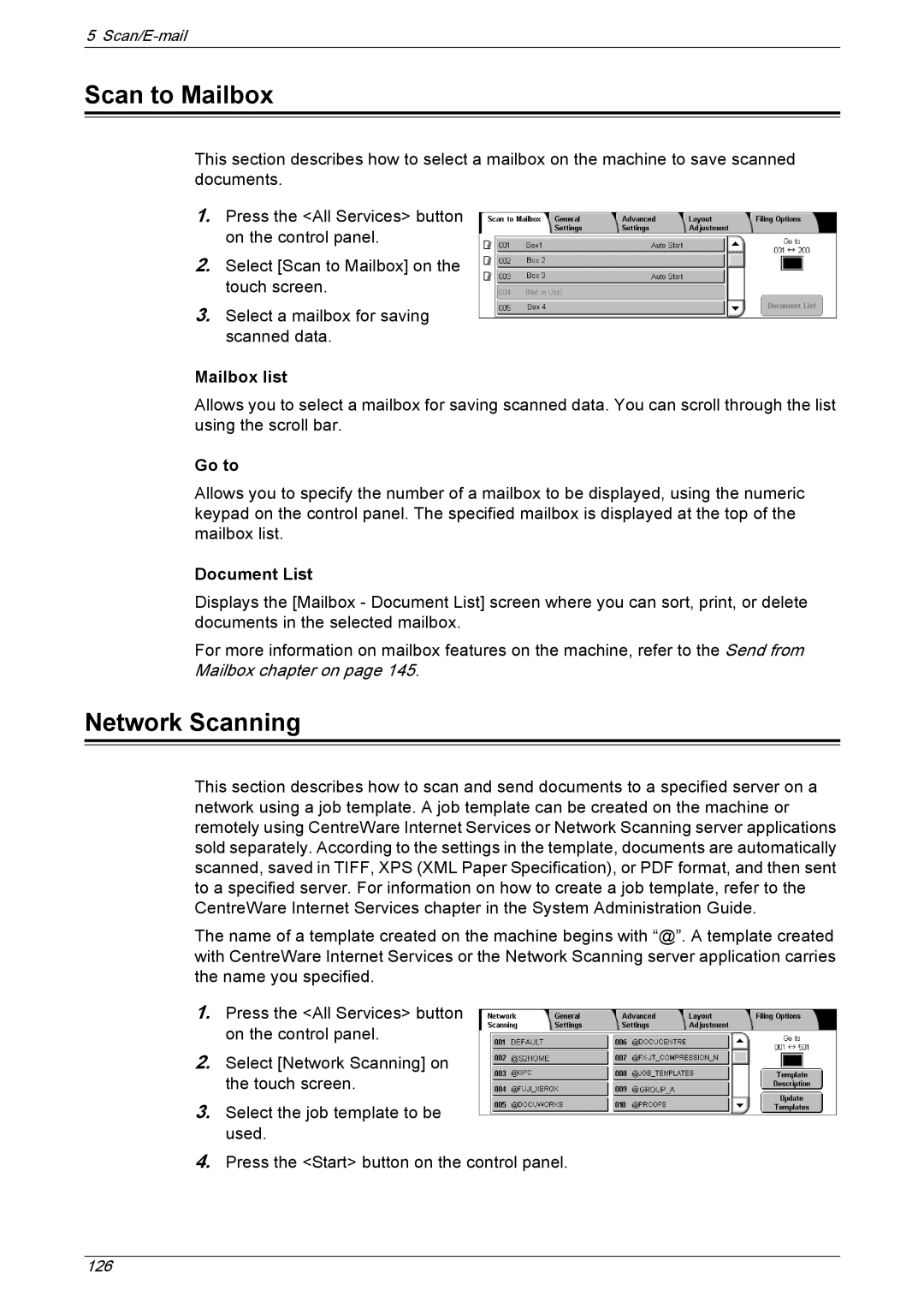 Xerox 5230 manual Scan to Mailbox, Network Scanning, Mailbox list, Go to, Document List 