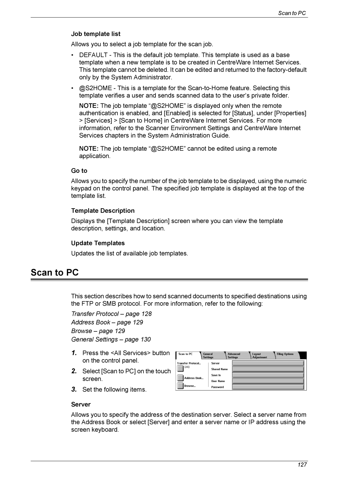 Xerox 5230 manual Scan to PC, Job template list, Template Description, Update Templates, Server 