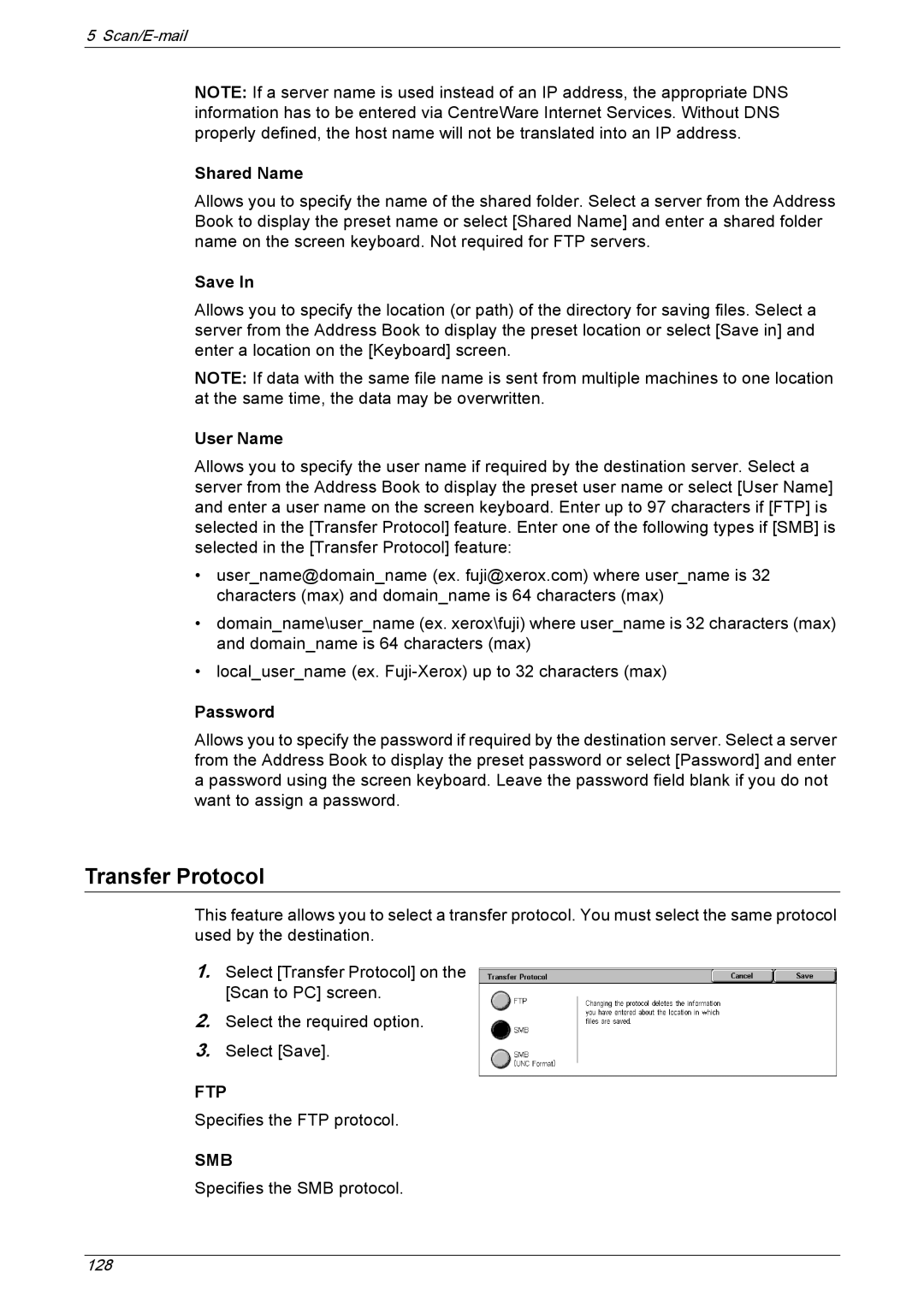 Xerox 5230 manual Transfer Protocol, Shared Name, Save, User Name, Password 