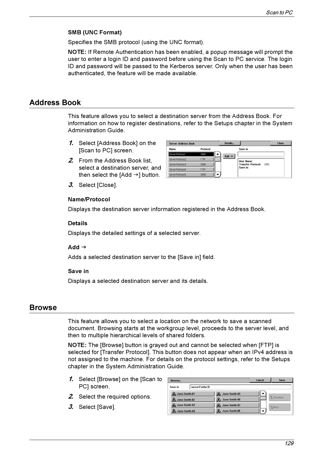 Xerox 5230 manual Browse, SMB UNC Format, Name/Protocol 