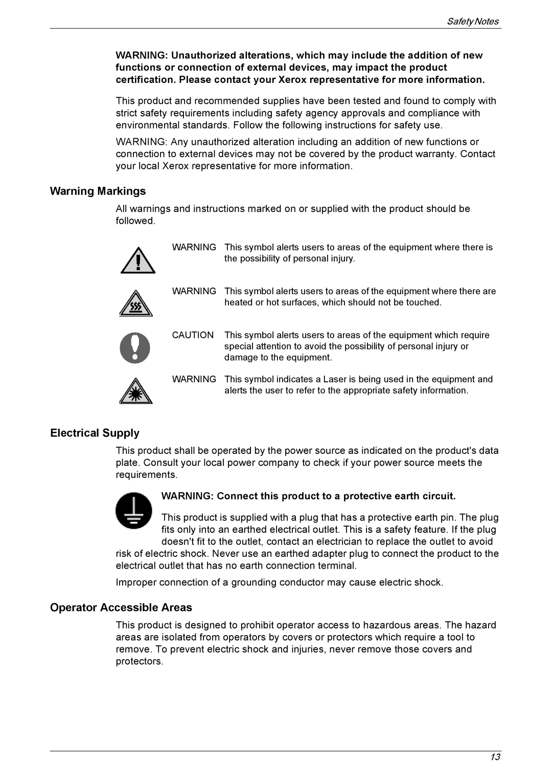 Xerox 5230 manual Electrical Supply, Operator Accessible Areas 