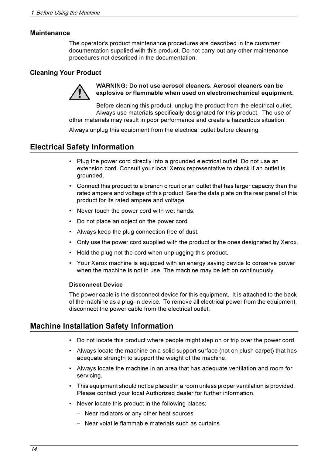 Xerox 5230 Electrical Safety Information, Machine Installation Safety Information, Maintenance, Cleaning Your Product 