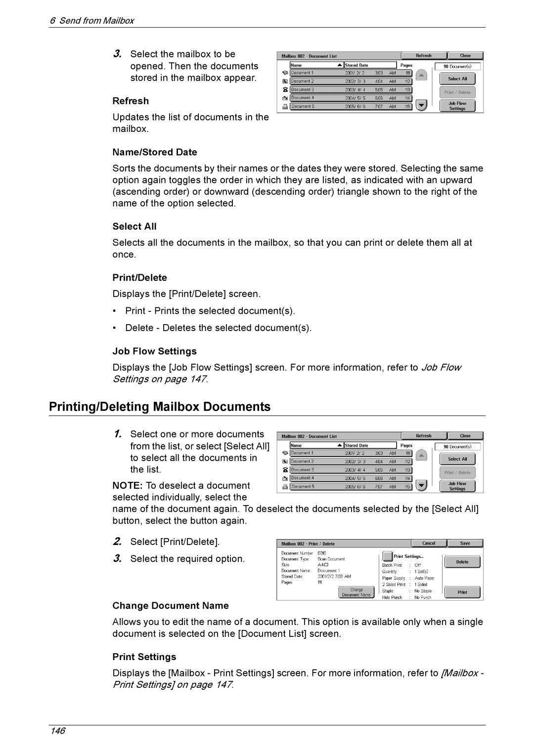 Xerox 5230 manual Printing/Deleting Mailbox Documents, Refresh, Name/Stored Date, Print/Delete, Job Flow Settings 